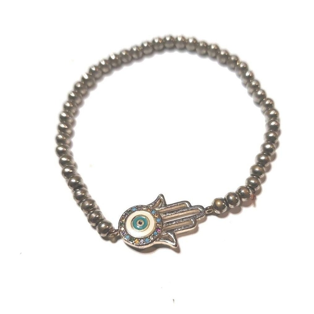 Hamsa Evil Eye Beaded Bracele Silver Tone Beads